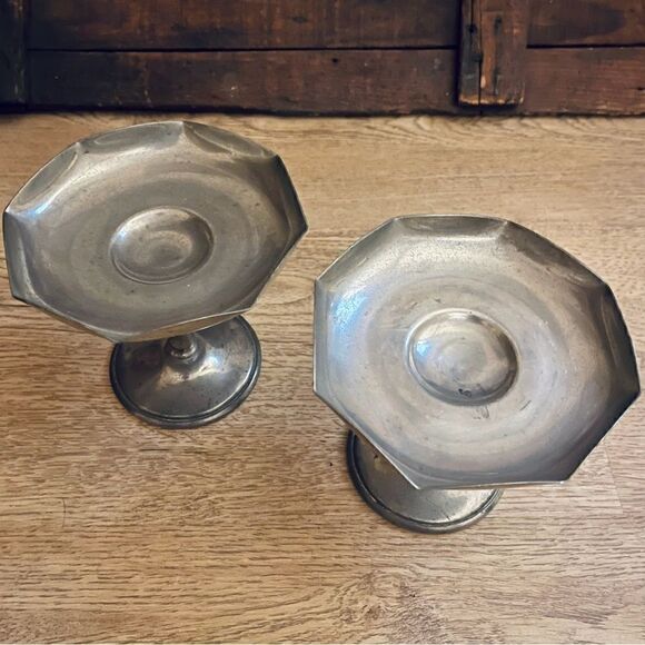 Vintage Pewter Octagon Rim Candle Holders Compote Dish Set of 2 - Picture 5 of 16